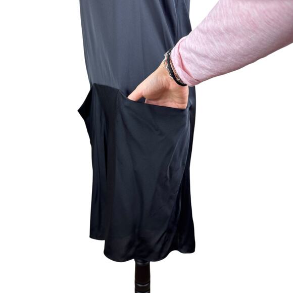 Theory Black Satin Silk Blend Draped Pockets Racerback Mini Slip Party Dress - Picture 4 of 12
